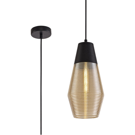 C-Lighting Lydden Single Cone Pendant 1 Light E27, Black/Amber Glass - 28974