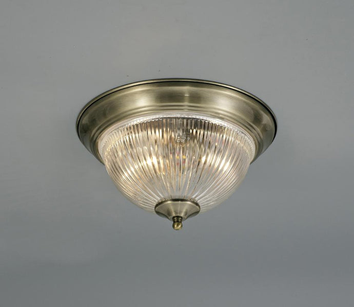 Deco D0405 Macy IP44 2 Light E14 Flush Ceiling Light, Antique Brass With Clear Ribbed Glass