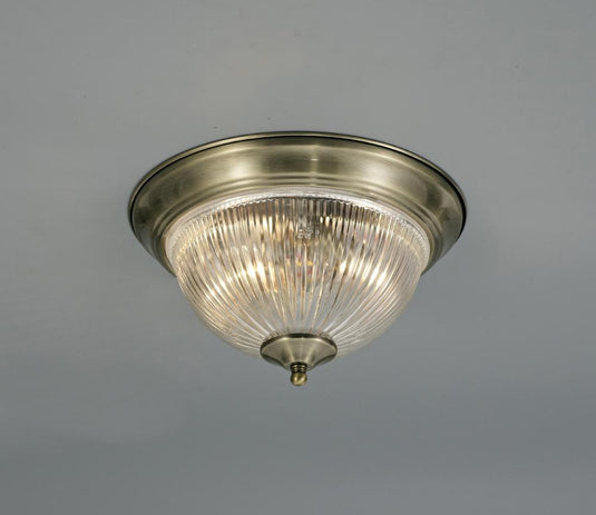 Deco D0405 Macy IP44 2 Light E14 Flush Ceiling Light, Antique Brass With Clear Ribbed Glass