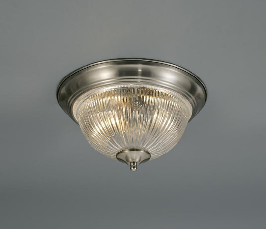 Deco D0406 Macy IP44 2 Light E14 Flush Ceiling Light, Satin Nickel With Clear Ribbed Glass