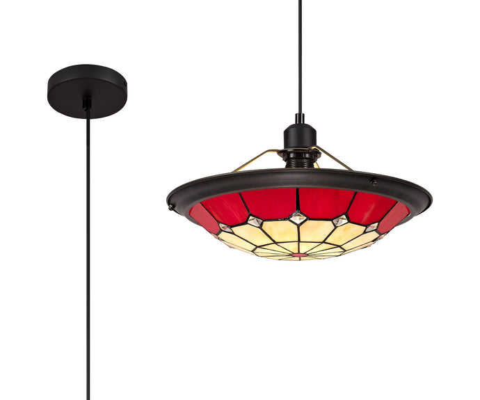 C-Lighting Manston 1 Light Pendant E27 With 35cm Tiffany Shade, Cmurston/Red/Clear Crystal Centre/Aged Antique Brass Trim/Black - 29410