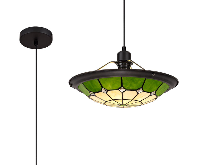 C-Lighting Manston 1 Light Pendant E27 With 35cm Tiffany Shade, Cmurston/Green/Clear Crystal Centre/Aged Antique Brass Trim/Black - 29412