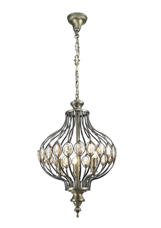 Diyas IL31571 Marisa Single Pendant 3 Light E14 Antique Brass/Amber Crystal - 25799