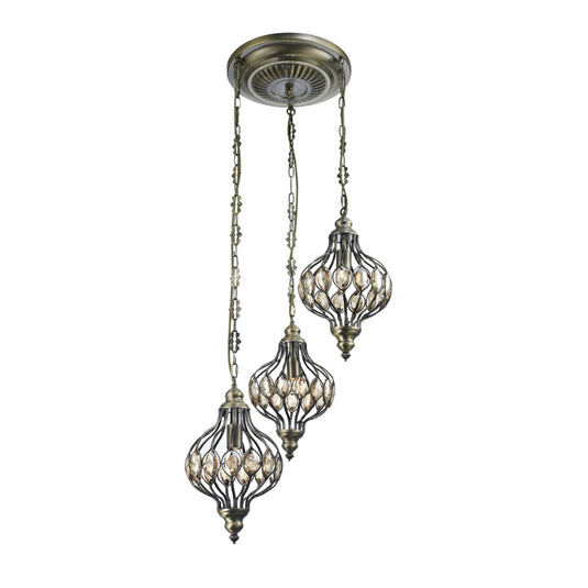 Diyas IL31572 Marisa Triple Pendant Round 3 Light E27 Antique Brass/Amber Crystal - 25800