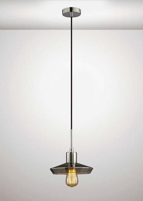 Deco D0110 Markus Single Shallow Pendant 1 Light E27 Polished Chrome/Smoke Black Glass