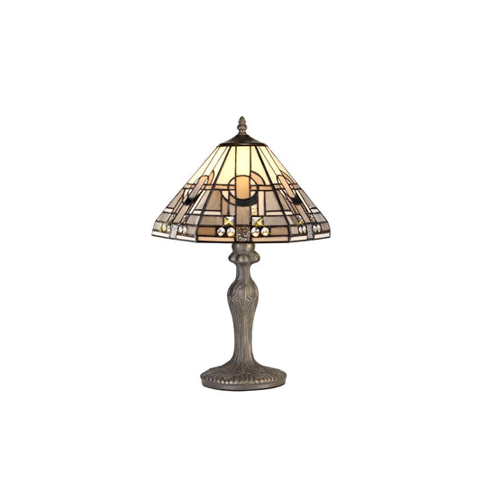 C-Lighting Minster 1 Light Curved Table Lamp E27 With 30cm Tiffany Shade, White/Grey/Black/Clear Crystal/Aged Antique Brass - 29417