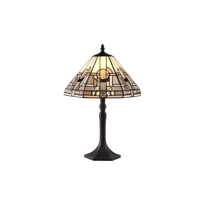 C-Lighting Minster 1 Light Octagonal Table Lamp E27 With 30cm Tiffany Shade, White/Grey/Black/Clear Crystal/Aged Antique Brass - 29418