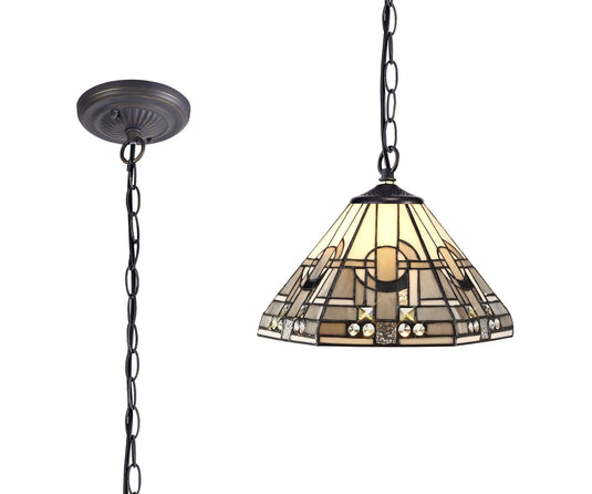 C-Lighting Minster 1 Light Downlighter Pendant E27 With 30cm Tiffany Shade, White/Grey/Black/Clear Crystal/Aged Antique Brass - 29419
