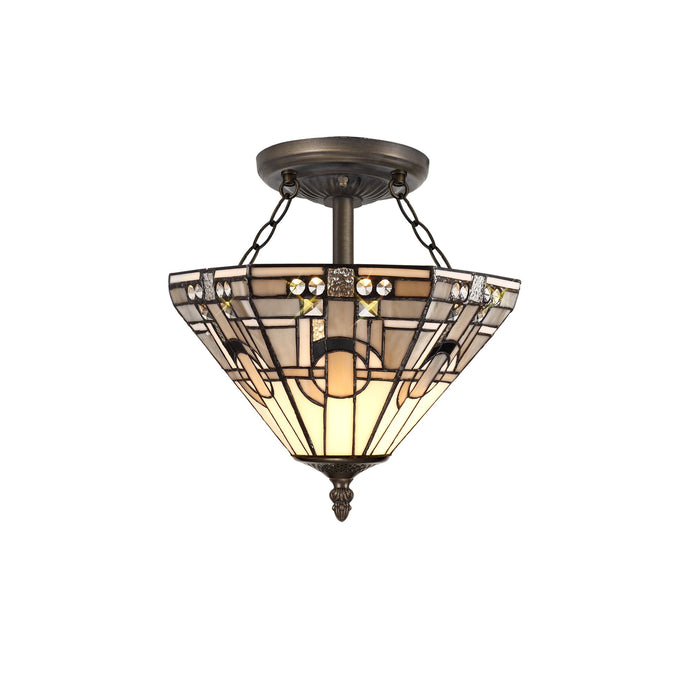 C-Lighting Minster 2 Light E27 Semi Ceiling With Tiffany Shade 30cm Shade, White/Grey/Black/Clear Crystal/Aged Antique Brass - 29422