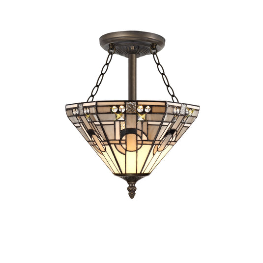 C-Lighting Minster 3 Light E27 Semi Ceiling With Tiffany Shade 30cm Shade, White/Grey/Black/Clear Crystal/Aged Antique Brass - 29423