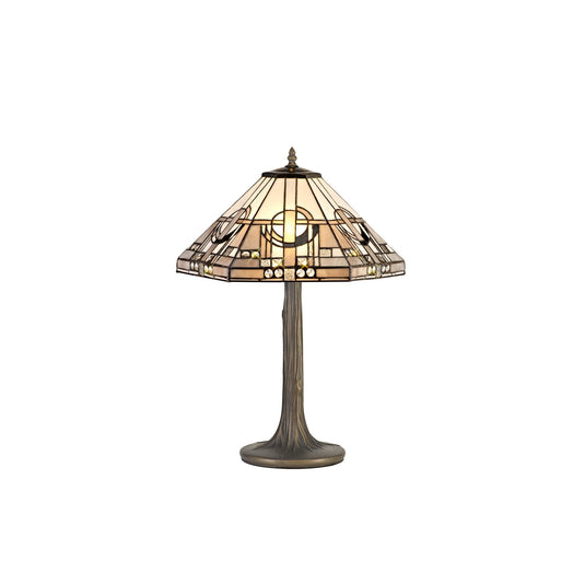 C-Lighting Minster 2 Light Tree Like Table Lamp E27 With 40cm Tiffany Shade, White/Grey/Black/Clear Crystal/Aged Antique Brass - 29426