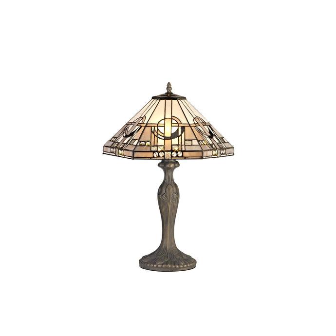 C-Lighting Minster 2 Light Curved Table Lamp E27 With 40cm Tiffany Shade, White/Grey/Black/Clear Crystal/Aged Antique Brass - 29427