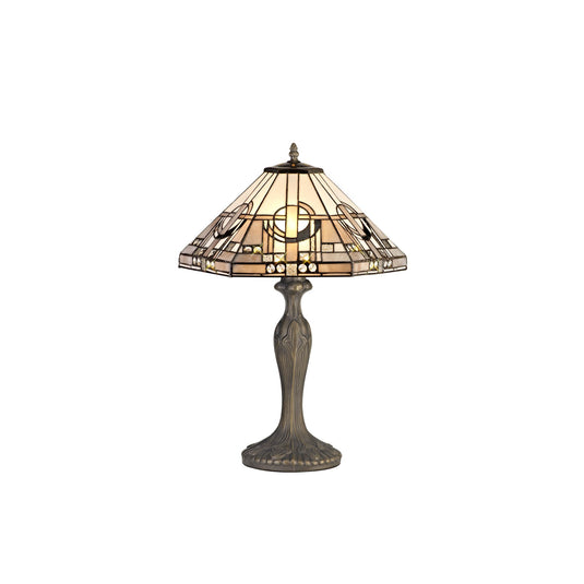 C-Lighting Minster 2 Light Curved Table Lamp E27 With 40cm Tiffany Shade, White/Grey/Black/Clear Crystal/Aged Antique Brass - 29427
