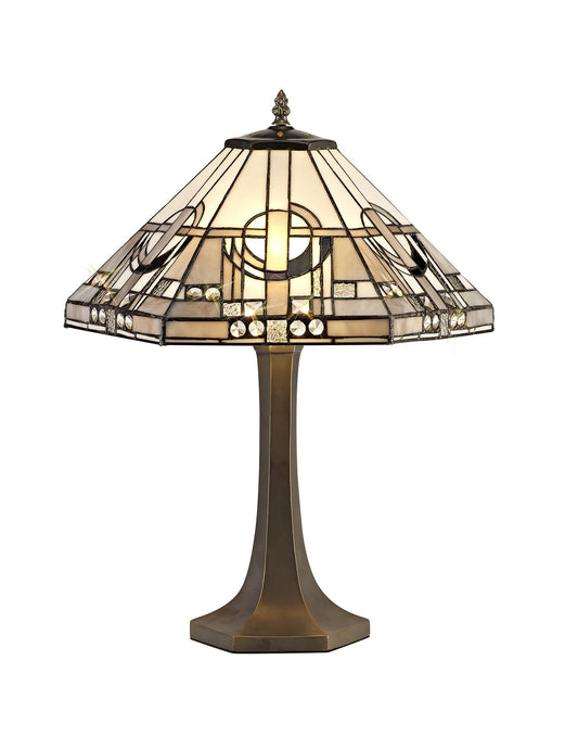 C-Lighting Minster 2 Light Octagonal Table Lamp E27 With 40cm Tiffany Shade, White/Grey/Black/Clear Crystal/Aged Antique Brass - 29428