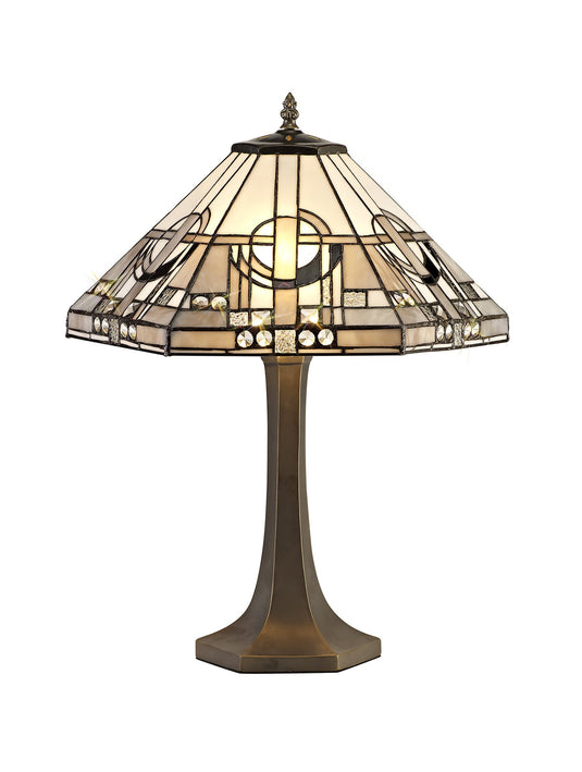C-Lighting Minster 2 Light Octagonal Table Lamp E27 With 40cm Tiffany Shade, White/Grey/Black/Clear Crystal/Aged Antique Brass - 29428