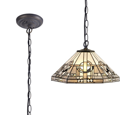 C-Lighting Minster 1 Light Downlighter Pendant E27 With 40cm Tiffany Shade, White/Grey/Black/Clear Crystal/Aged Antique Brass - 29429