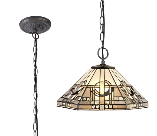 C-Lighting Minster 2 Light Downlighter Pendant E27 With 40cm Tiffany Shade, White/Grey/Black/Clear Crystal/Aged Antique Brass - 29430