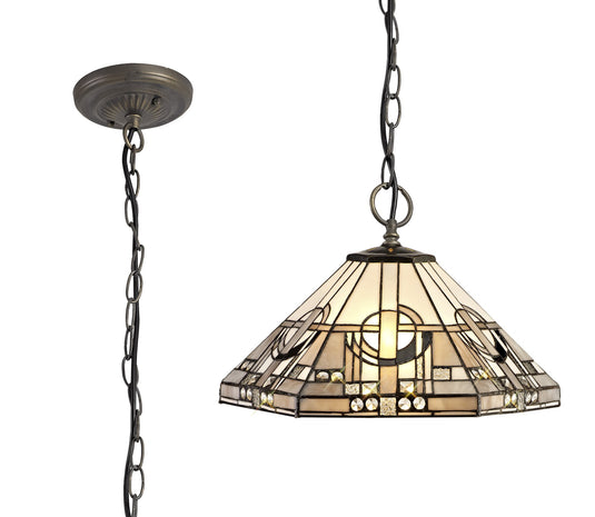 C-Lighting Minster 3 Light Downlighter Pendant E27 With 40cm Tiffany Shade, White/Grey/Black/Clear Crystal/Aged Antique Brass - 29431