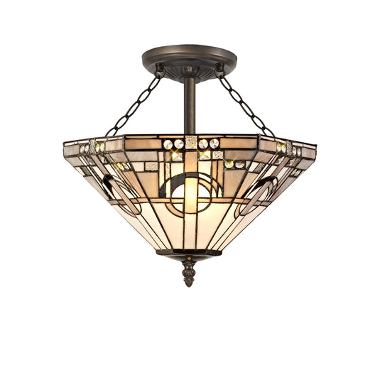 C-Lighting Minster 3 Light E27 Semi Ceiling With Tiffany Shade 40cm Shade, White/Grey/Black/Clear Crystal/Aged Antique Brass - 29432