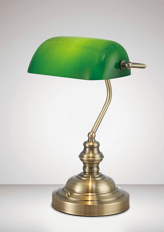 Deco D0085 Morgan Bankers Table Lamp 1 Light E27 Antique Brass/Green Glass