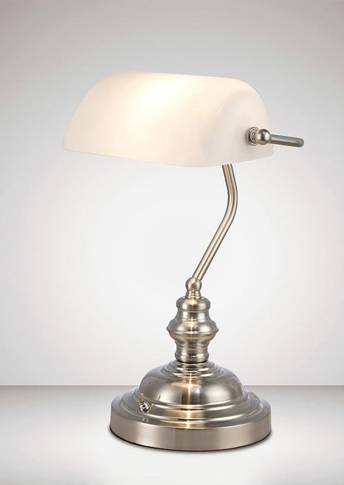Deco D0086 Morgan Bankers Table Lamp 1 Light E27 Satin Nickel/White Glass