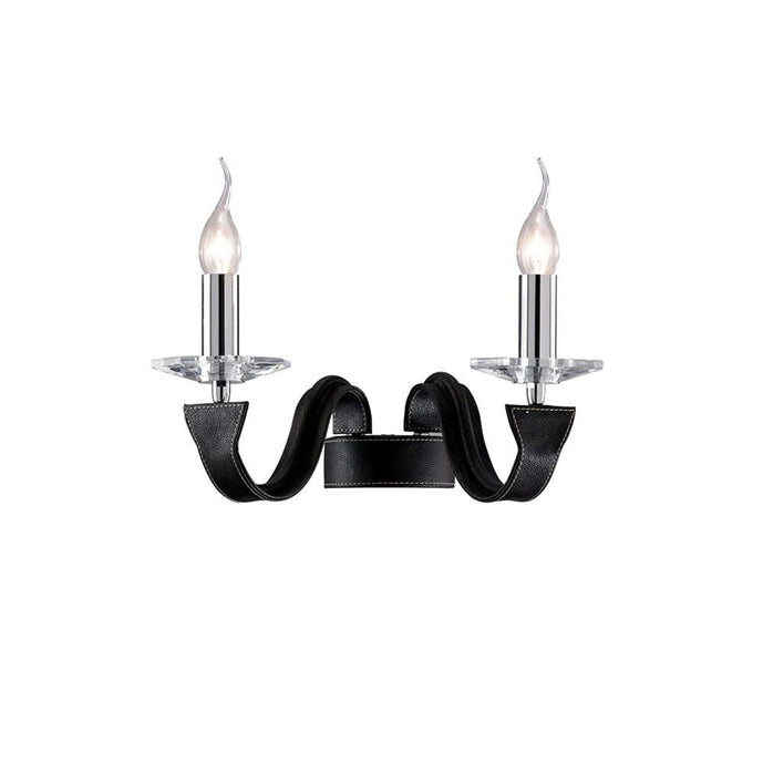 Diyas IL31032 Nardini Wall Lamp 2 Light Polished Chrome/Black Faux Leather/Crystal - 38237