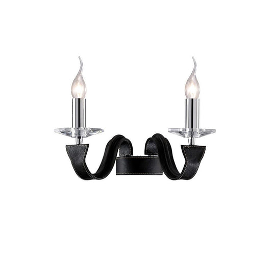 Diyas IL31032 Nardini Wall Lamp 2 Light Polished Chrome/Black Faux Leather/Crystal - 38237