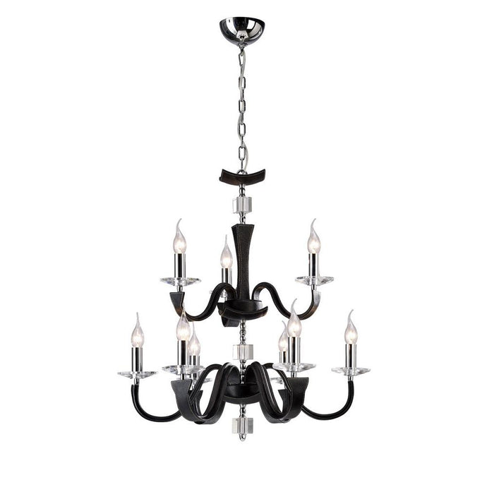 Diyas IL31039 Nardini Pendant 2 Tier 9 Light Polished Chrome/Black Faux Leather/Crystal - 38240