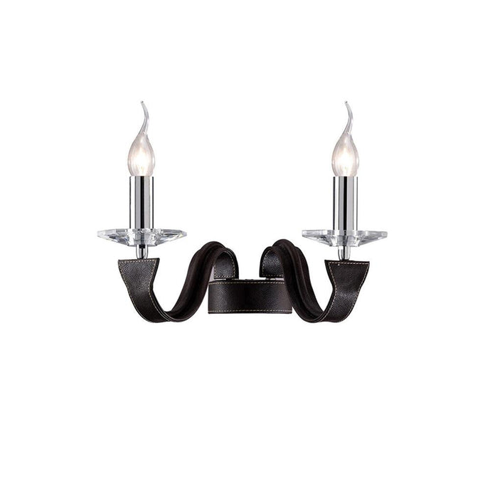 Diyas IL31042 Nardini Wall Lamp 2 Light Polished Chrome/Dark Brown Faux Leather/Crystal - 38243