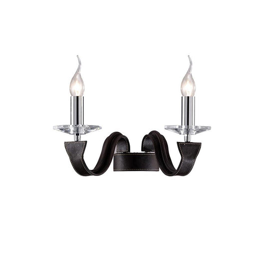 Diyas IL31042 Nardini Wall Lamp 2 Light Polished Chrome/Dark Brown Faux Leather/Crystal - 38243