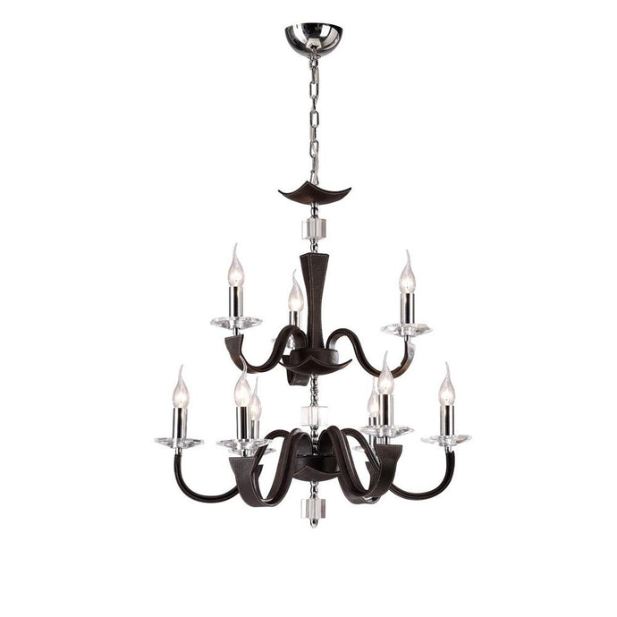 Diyas IL31049 Nardini Pendant 2 Tier 9 Light Polished Chrome Dark Brown Faux Leather/Crystal - 38246