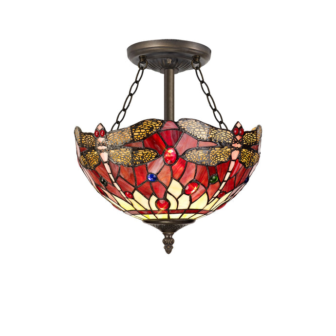 C-Lighting Nectar 3 Light Semi Ceiling E27 With 30cm Tiffany Shade, Purple/Pink/Crystal/Aged Antique Brass - 29495
