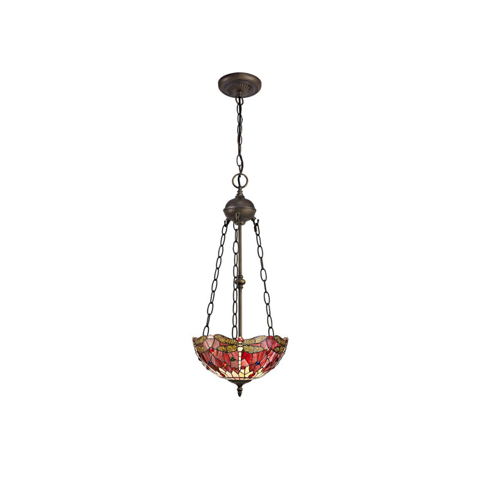 C-Lighting Nectar 2 Light Uplighter Pendant E27 With 30cm Tiffany Shade, Purple/Pink/Crystal/Aged Antique Brass - 29496