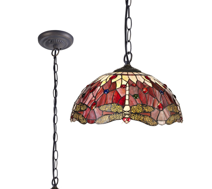 C-Lighting Nectar 1 Light Downlighter Pendant E27 With 40cm Tiffany Shade, Purple/Pink/Crystal/Aged Antique Brass - 29501