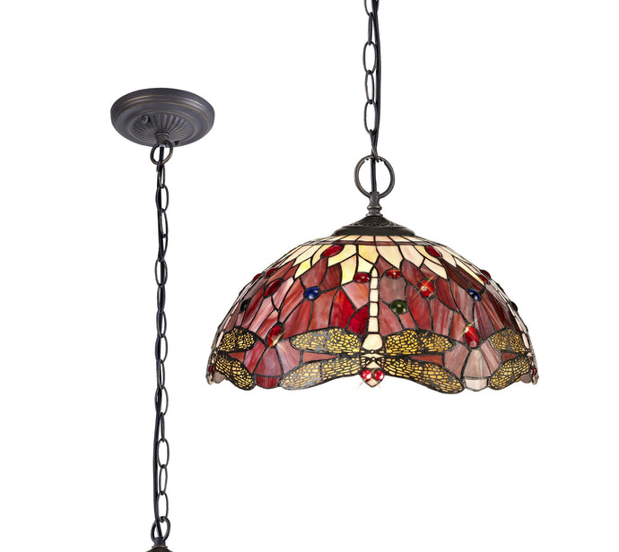 C-Lighting Nectar 2 Light Downlighter Pendant E27 With 40cm Tiffany Shade, Purple/Pink/Crystal/Aged Antique Brass - 29502