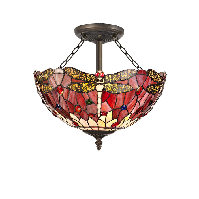 C-Lighting Nectar 3 Light Semi Ceiling E27 With 40cm Tiffany Shade, Purple/Pink/Crystal/Aged Antique Brass - 29504