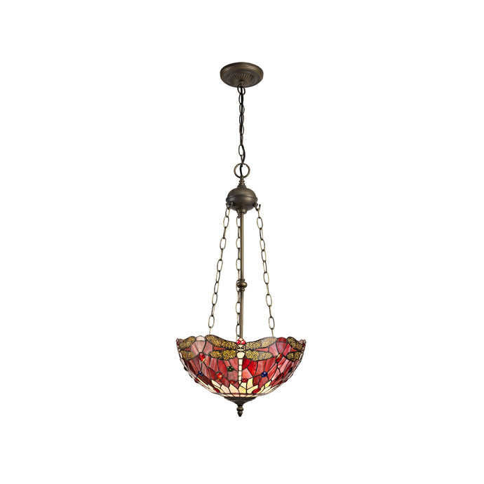 C-Lighting Nectar 3 Light Uplighter Pendant E27 With 40cm Tiffany Shade, Purple/Pink/Crystal/Aged Antique Brass - 29505