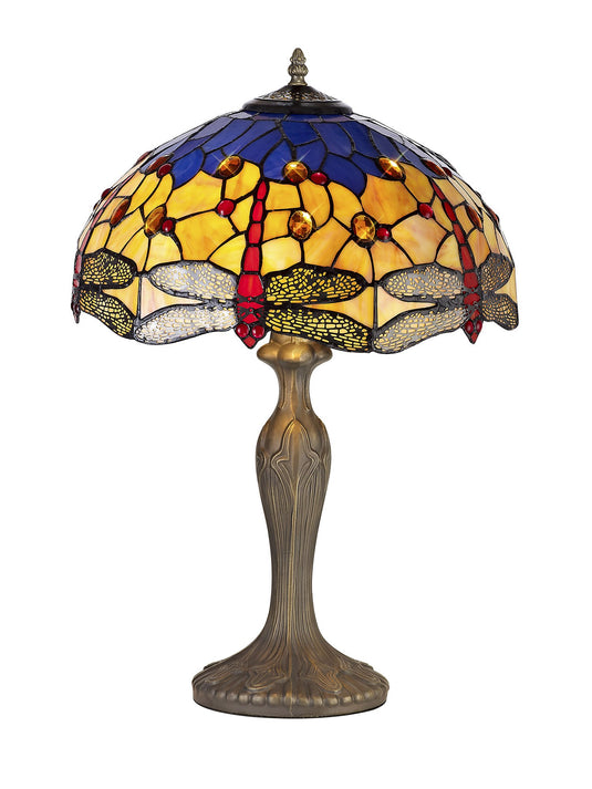 C-Lighting Nectar 2 Light Curved Table Lamp E27 With 40cm Tiffany Shade, Blue/Orange/Crystal/Aged Antique Brass - 29885