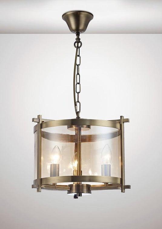 Deco D0088 Nolan Single Pendant 3 Light E14 Antique Brass/Amber Glass