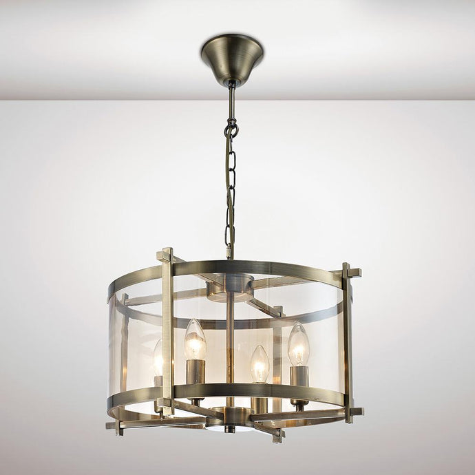 Deco D0090 Nolan Single Pendant 4 Light E14 Antique Brass/Amber Glass