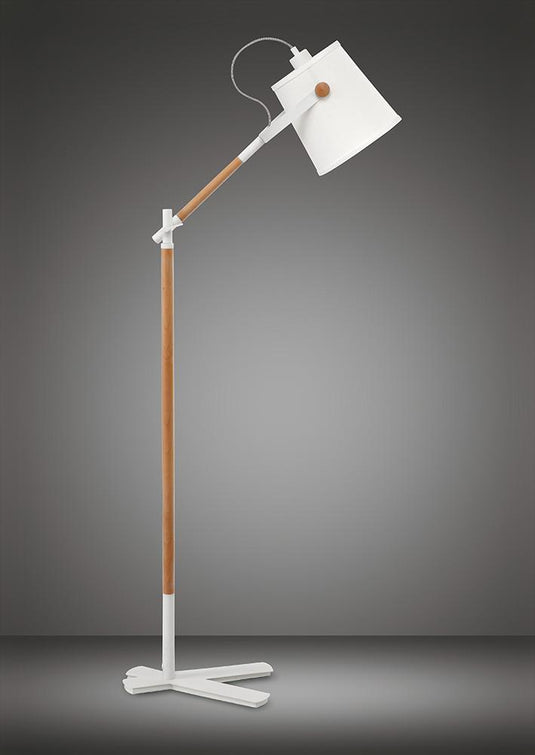Mantra M4920 Nordica Floor Lamp With White Shade 1 Light E27, Matt White/Beech With Ivory White Shade