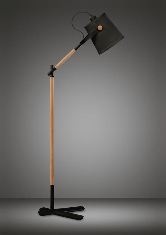 Mantra M4921 Nordica Floor Lamp With Black Shade 1 Light E27, Matt Black/Beech With Black Shade