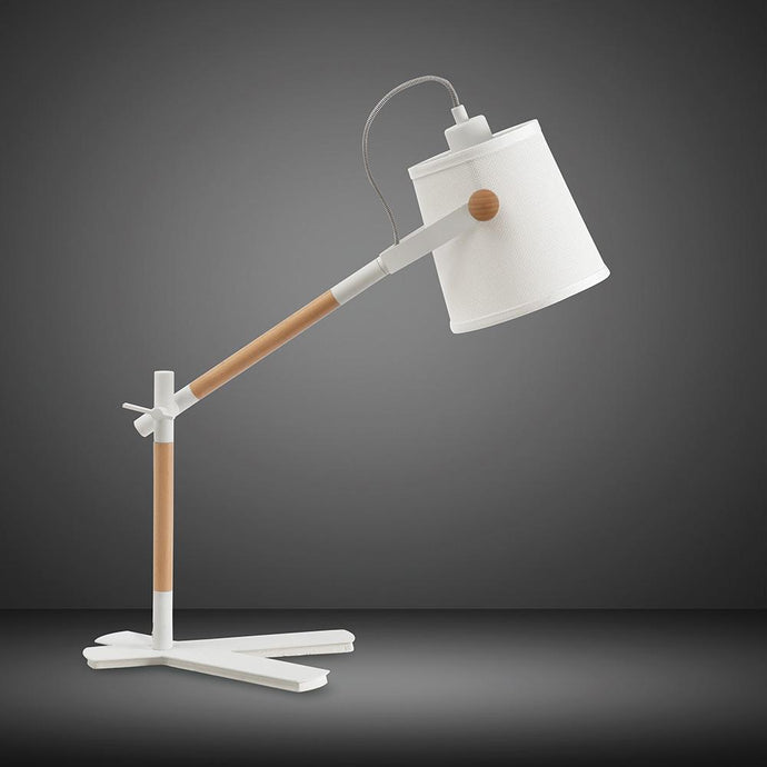 Mantra M4922 Nordica Table Lamp With White Shade 1 Light E27, Matt White/Beech With Ivory White Shade