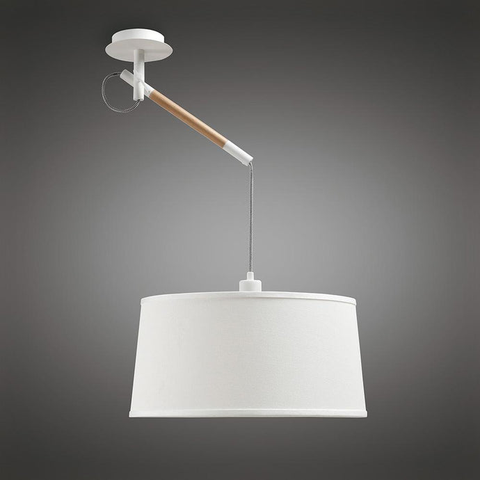 Mantra M4928 Nordica Multi Position Pendant With White Shade 1 Light E27, Matt White/Beech With Ivory White Shade