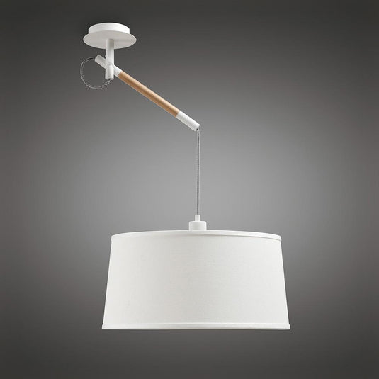 Mantra M4928 Nordica Multi Position Pendant With White Shade 1 Light E27, Matt White/Beech With Ivory White Shade