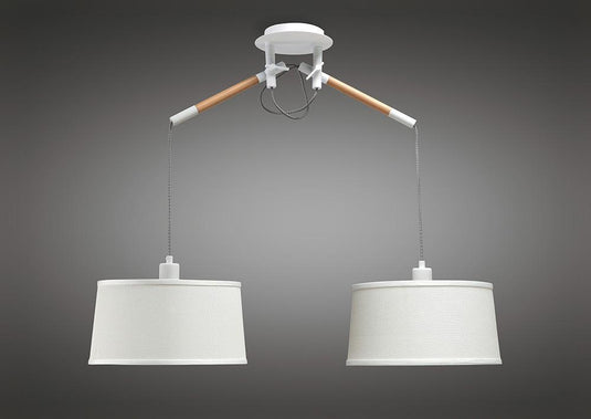 Mantra M4930 Nordica Pendant With White Shade 2 Light E27, Matt White/Beech With Ivory White Shades