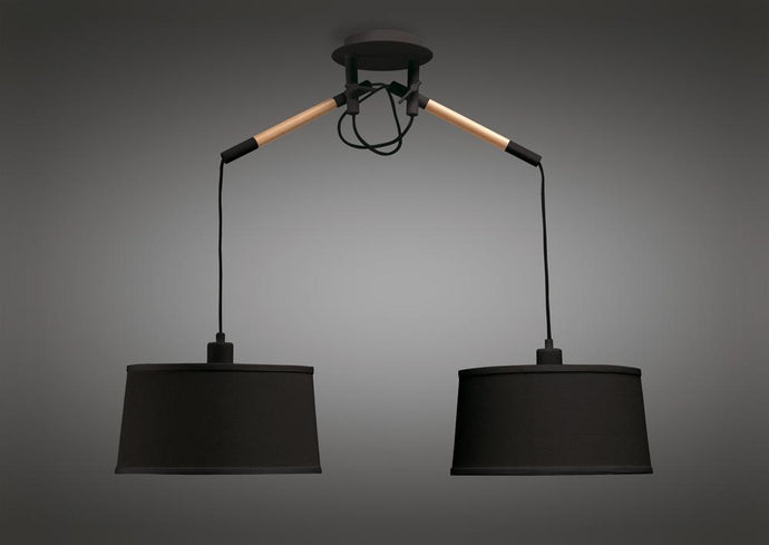 Mantra M4931 Nordica Pendant With Black Shade 2 Light E27, Matt Black/Beech With Black Shades