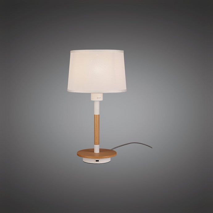 Mantra M5464 Nordica II Table Lamp With USB Socket, 1x23W E27, White/Beech With White Shade
