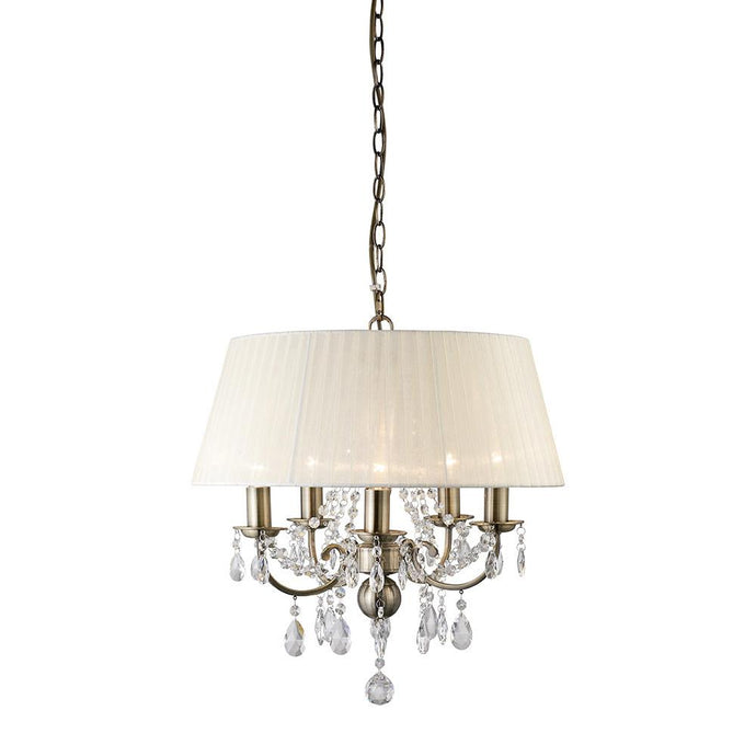 Diyas IL30048 Olivia Pendant With Ivory Cream Shade 5 Light Antique Brass/Crystal - 20607