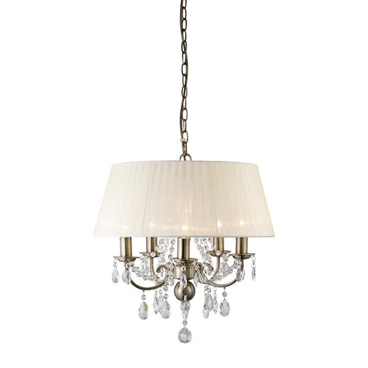 Diyas IL30048 Olivia Pendant With Ivory Cream Shade 5 Light Antique Brass/Crystal - 20607